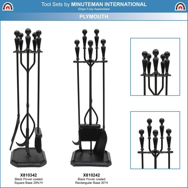 Achla Designs Plymouth Set of 4 Fireplace Tools w/Rectangular Base, 29.5 Inch Tall, Black