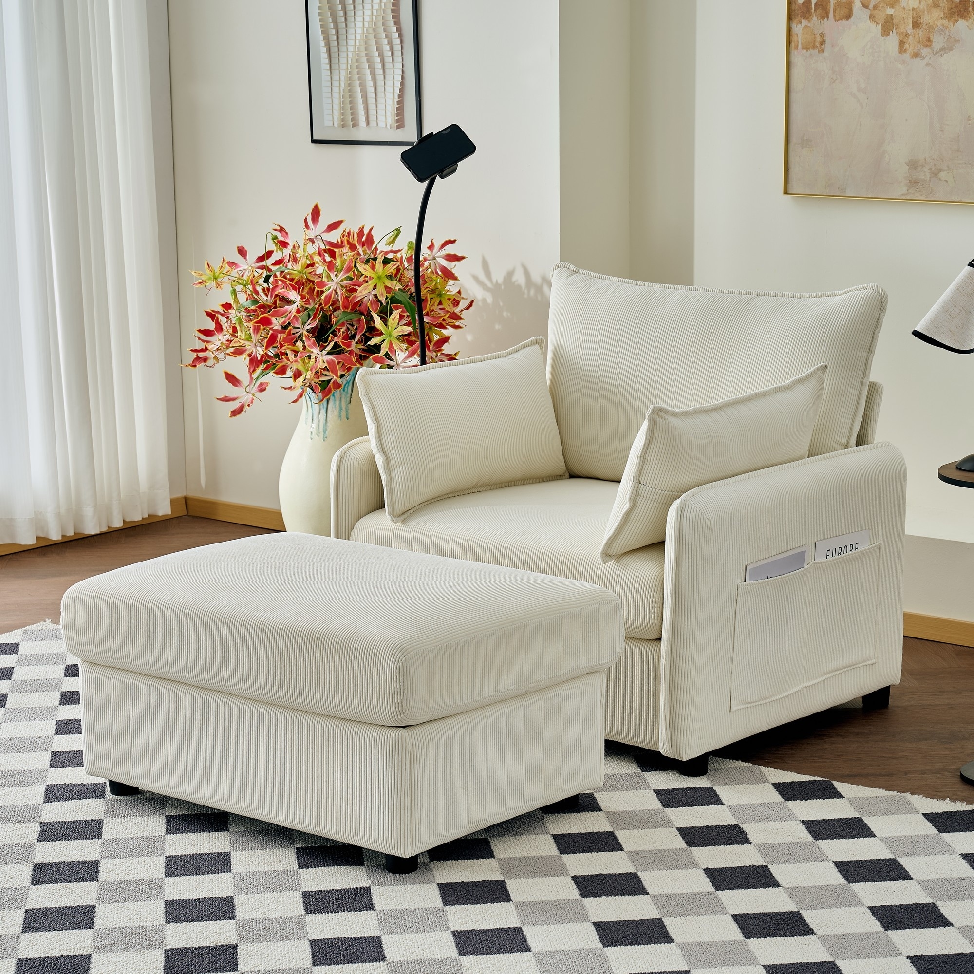 Roomfitters Modern Upholstered Chaise Lounge Chair with Ottoman, Comfy Oversized Armchair with Storage Side Pocket, Beige