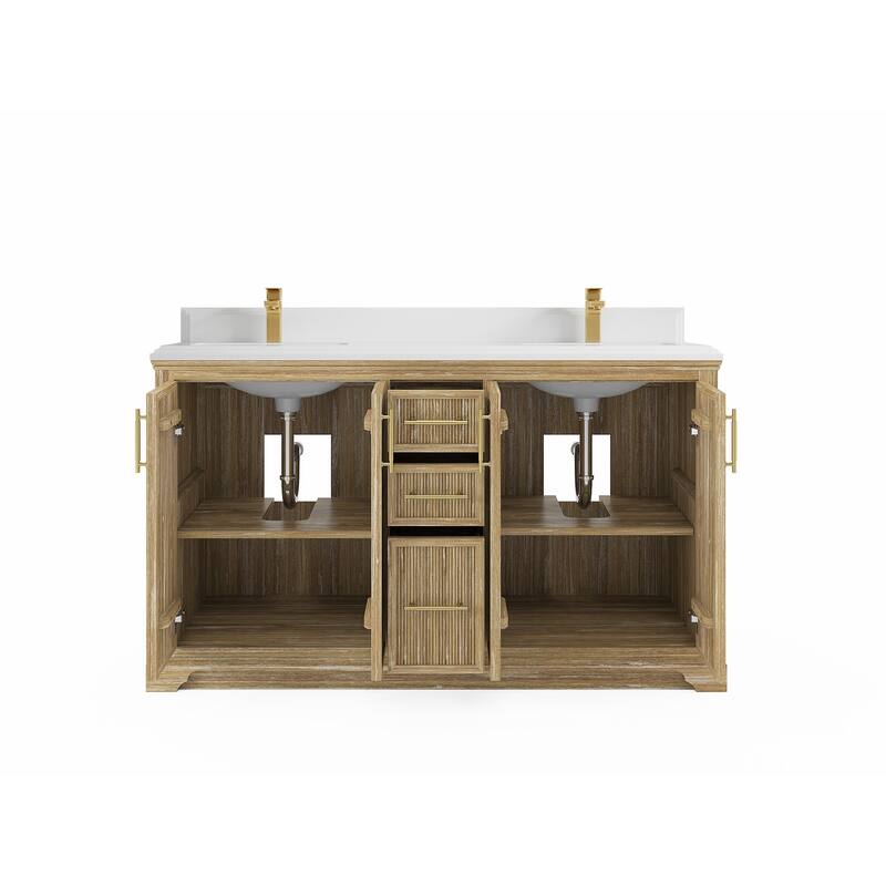 Willow Collections 60 x 22 Alys Solid Teak Wood Double Sink Bathroom Vanity with Quartz or Marble Countertop