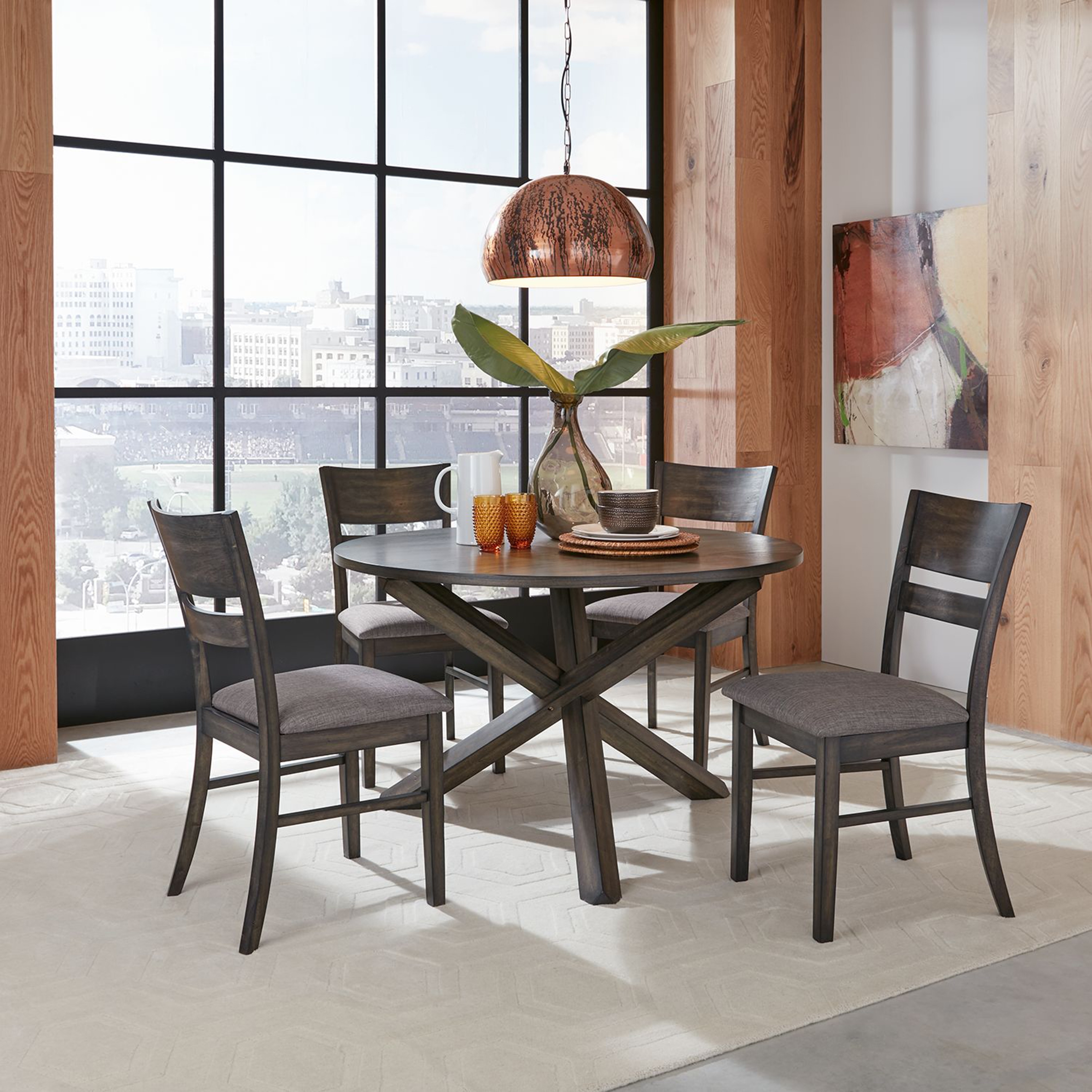 Roundhill Furniture Almeta Dining Set Crisscross X Base Round Table with 4 Chairs in Dark Umber Brown Finish