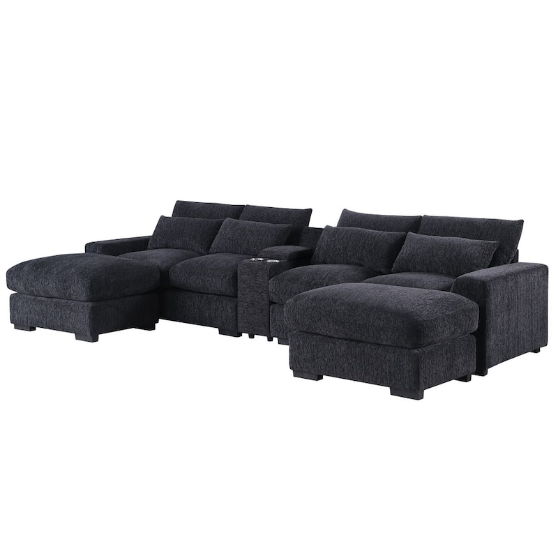 Modern Modular Sectional Sofa with Ottomans and Built-in Console, Cupholders