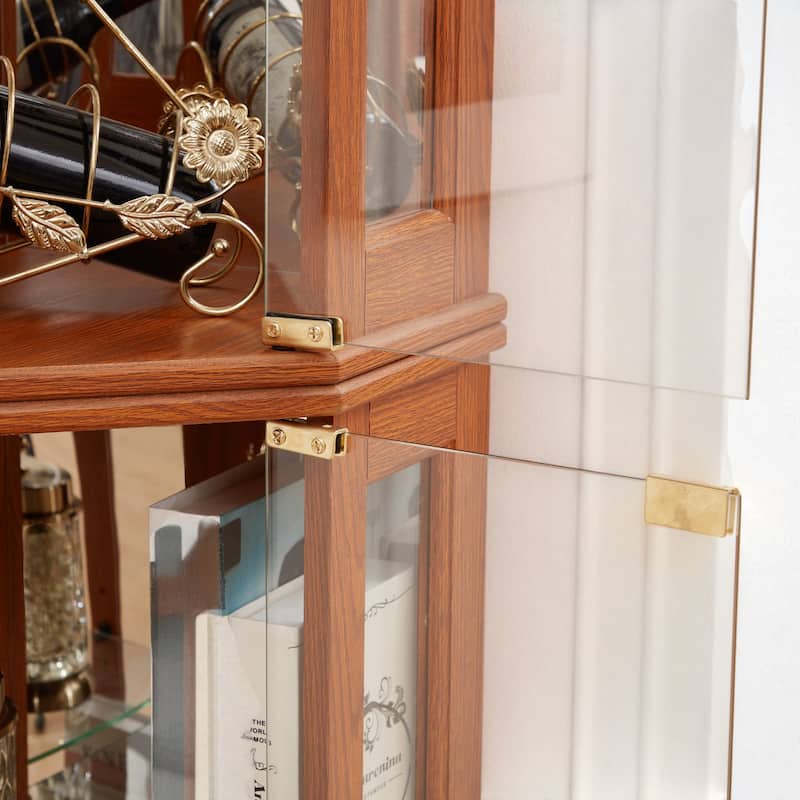 Corner Lighted Glass Curio Cabinet with Adjustable Shelves, Mirrored Back and Display Doors