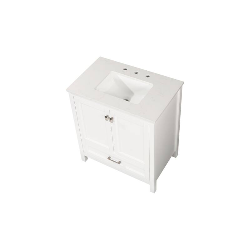 30" Bathroom Vanity with Sink Combo, Fully Assembled Bathroom Sink Cabinet with Marble Countertop, White
