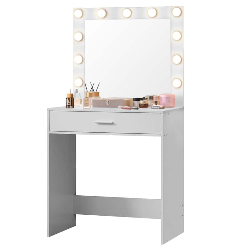 LED Mirror Vanity Dressing Table with Lights for Women & Girls - 3-Color Adjustable Light Strips, 2 Large Drawers