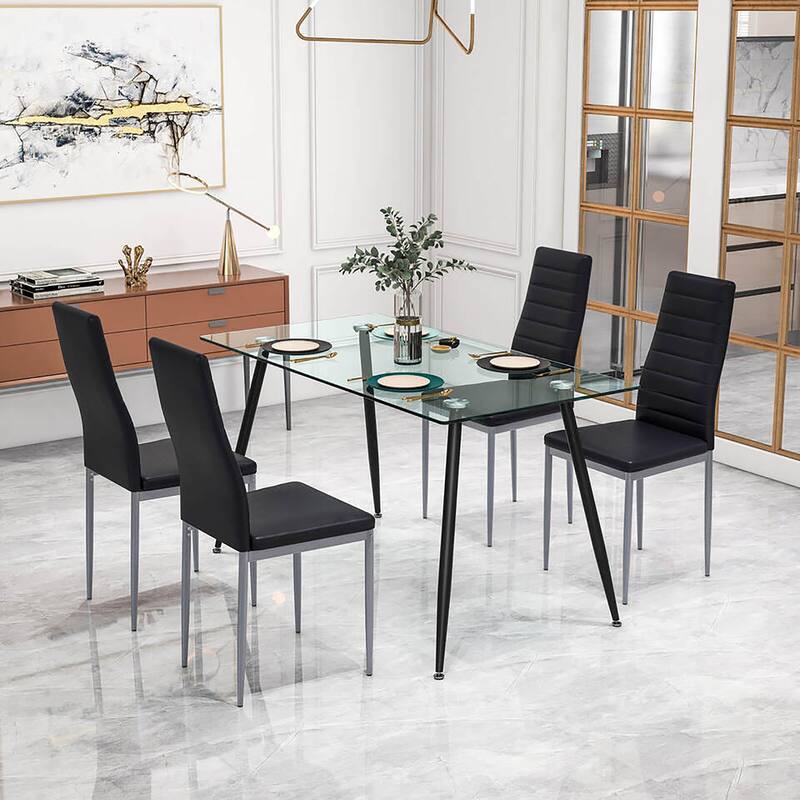 Gymax 5 PCS 51'' Rectangle Dining Set 0.3'' Thick Glass Table w/ 4