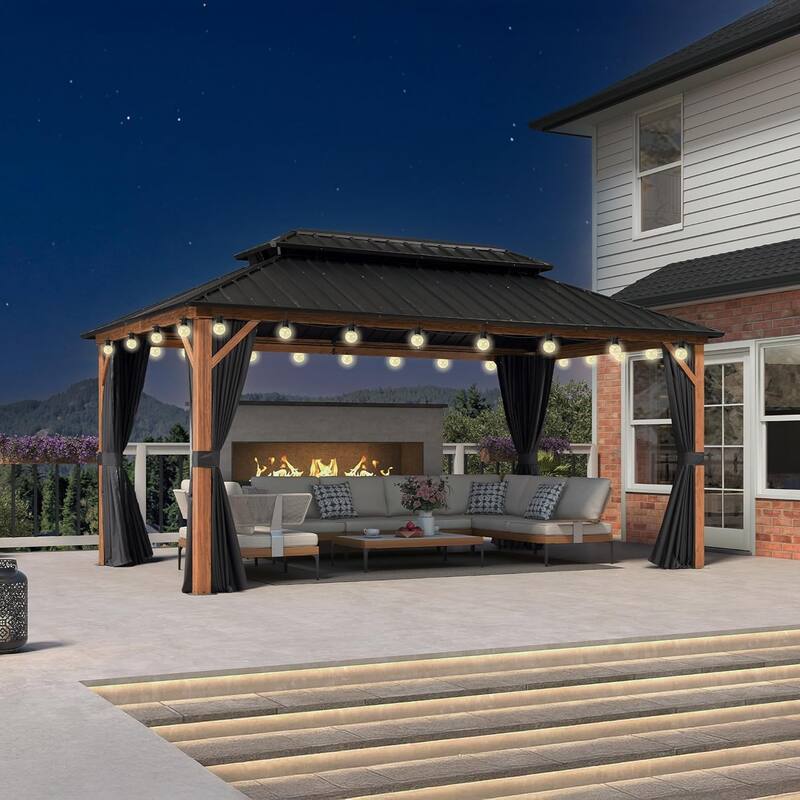 PURPLE LEAF Double Top Outdoor Sunroom Screen House Patio Hardtop Gazebo Wood Grain - 10ft x 16ft - Gazebos With lights