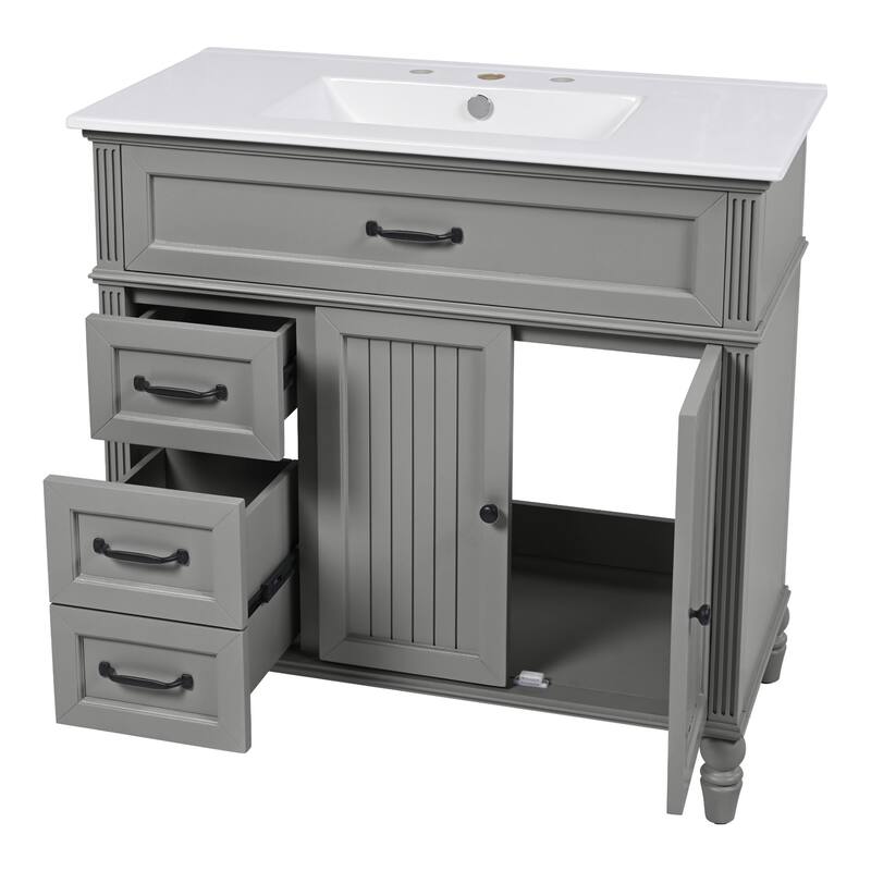 Roomfitters 36" Bathroom Vanity with Integrated Ceramic Sink, Solid Wood Frame and Soft-Close Storage