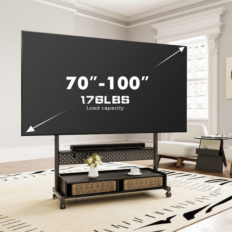 FITUEYES Rolling Floor TV Stand Mount for 70-100 Inch TVs ,with Two Wooden Large Storage
