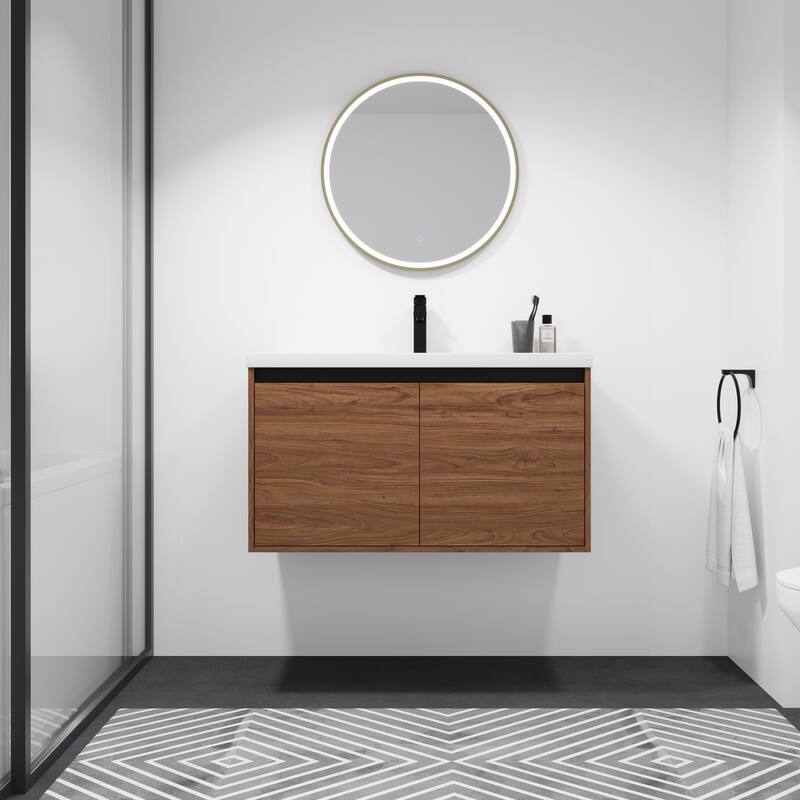 Fully Assembled Black 36 Inch Bathroom Vanity with Ceramic Countertop Sink, Oak 2 Doors Bathroom Cabinet Set - Oak