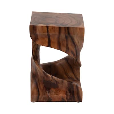 Hand-Carved Suar Wood Twist Accent Table - 18" Brown Side Table for Living Room, Bedroom, or Office - 12" x 12" x 18"