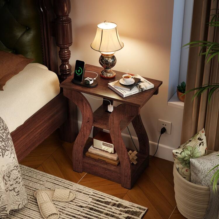 Set of 2 Engineered Wood 3-Tier Side Table with USB and Outlets - 19.5" x 12" x 24"