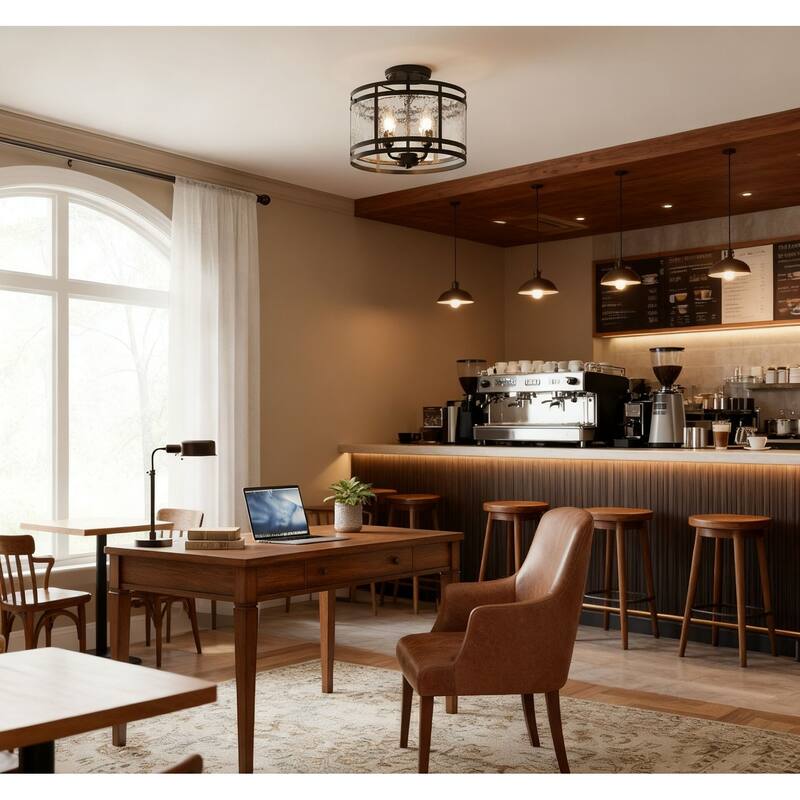 Laia 14.5" 4-light Water Textured Curved Glass Drum Round Flush Mount - 14.5 inches D x 11 inches H