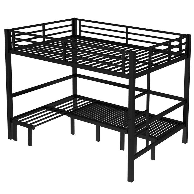 Queen over Queen Pull-Out Metal Bunk Bed with Safety Rails and Convertible Lower Bunk
