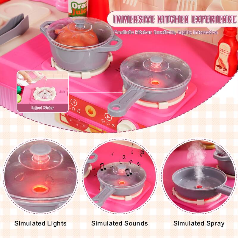 Kids Kitchen Playset, 3-in-1 Toddler Kitchen with Simulated Spray, Sounds and Lights, Play Kitchen Set