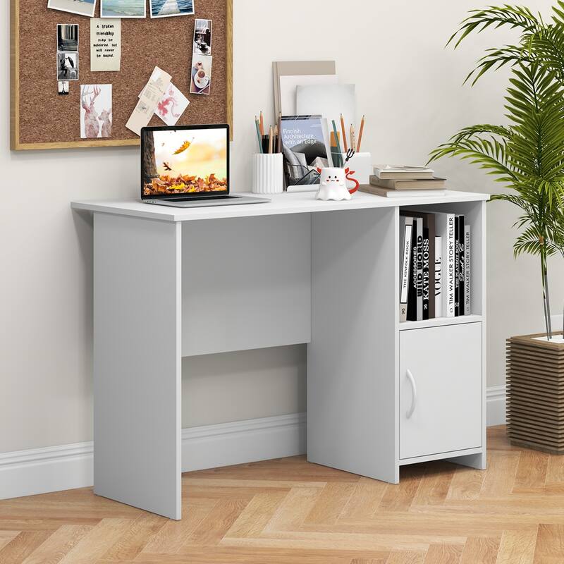 Costway Modern Computer Desk with Cabinet Cable Holes & Open Shelf