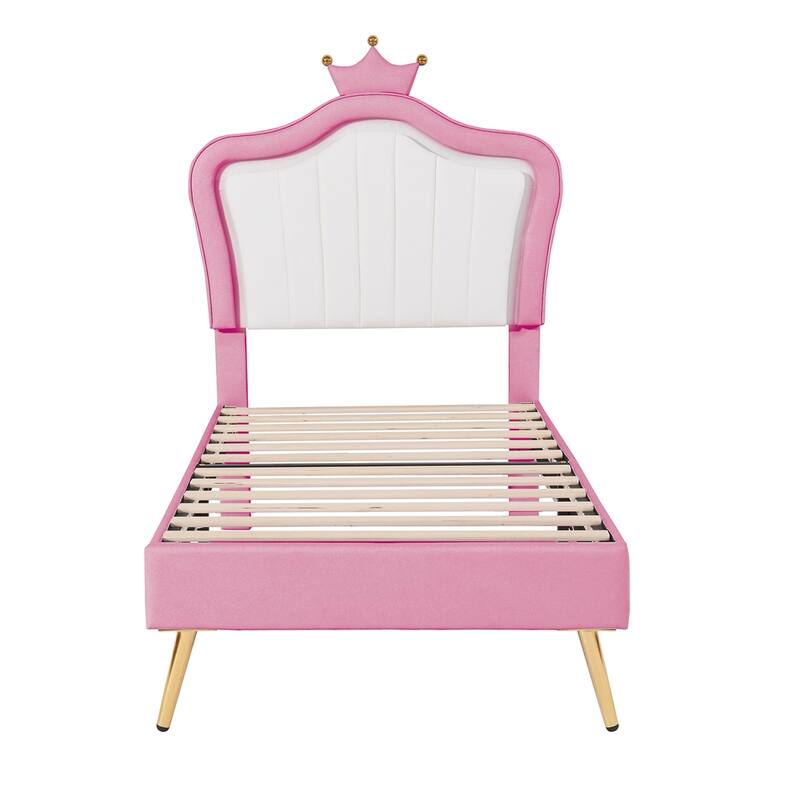 Twin Size Upholstered Bed Frame with LED Lights, Crown Headboard