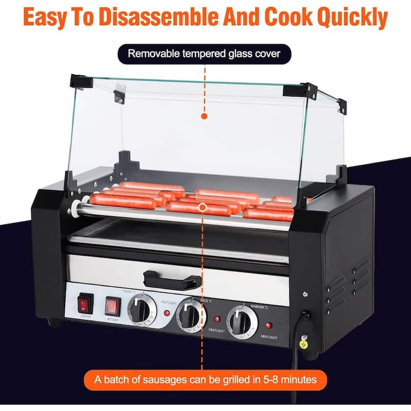 Hot Dog Roller with Warming Drawer, Stainless Steel Sausage Grill