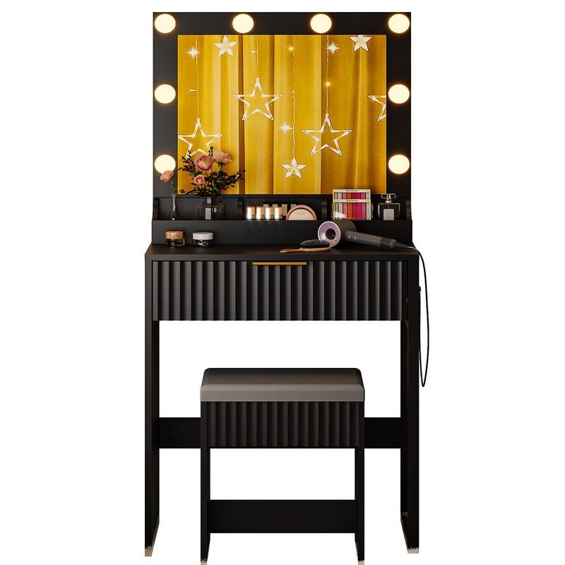 Particle Board Veneered with Textured Melamine, 1-drawer 3-compartment Dressing Table Set with 8 Three-color Dimmable Bulbs