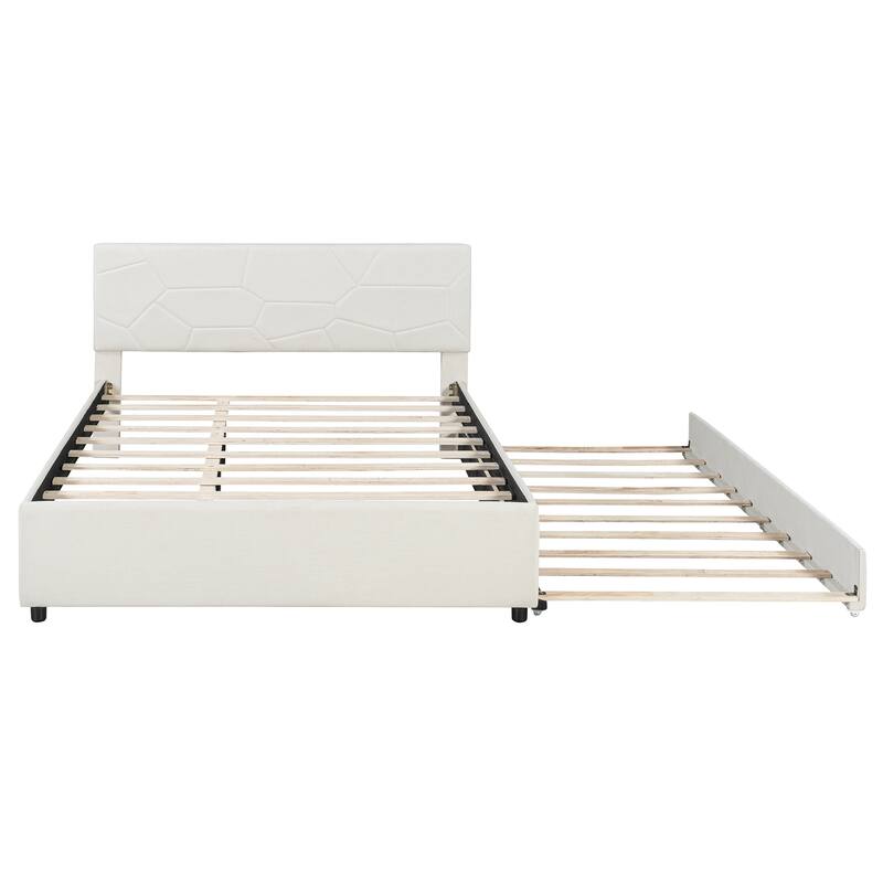 Queen Size Upholstered Platform Bed with Brick Pattern Headboard and Twin XL Size Trundle, Linen Fabric, Beige