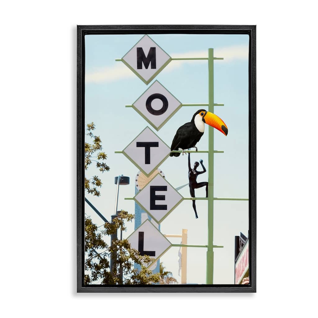 Stupell Toucan on Motel Sign Framed Floater Canvas Wall Art Design By Ashley Singleton
