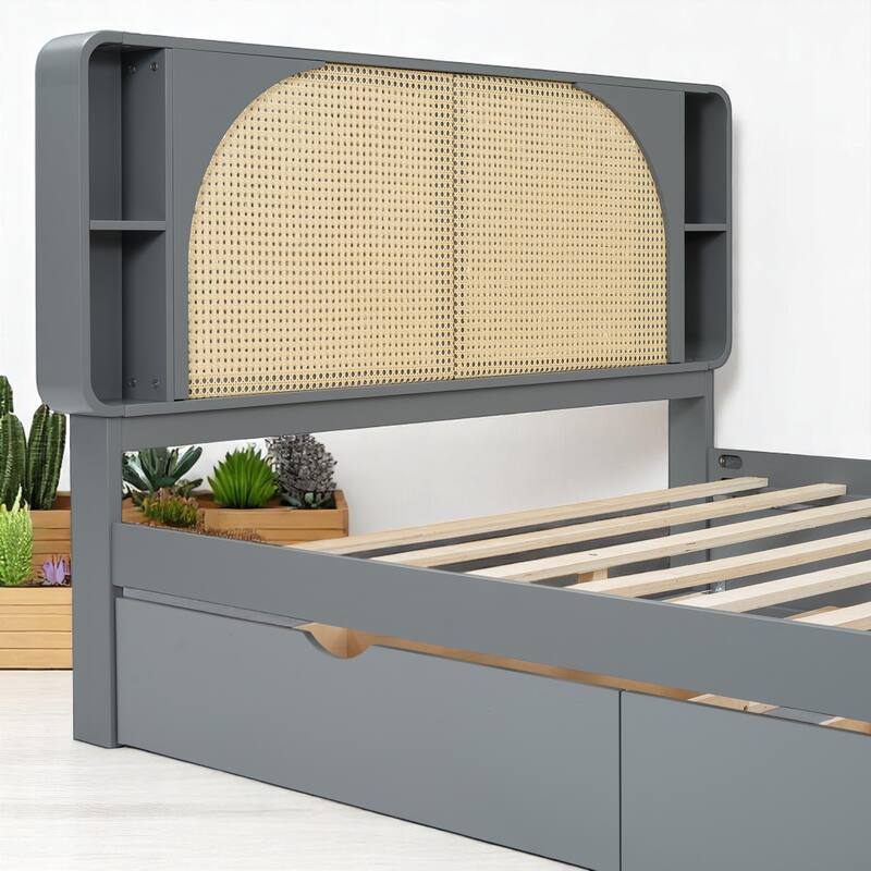 Queen Size Rattan Headboard Bed with Storage Drawers and Pull-Out Trundle, Wood Frame with Organizer Shelves