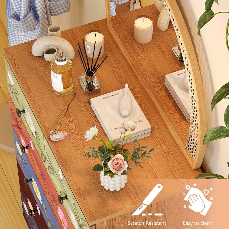 Brown 5-Layer 6-Drawer Printed Pattern Dresser P2 Grade Particle Board Storage for Bedroom, Living Room, or Home Office