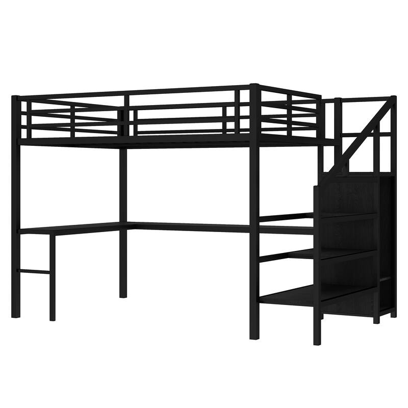 Queen Size Loft Bed with L-shaped Desk and USB, Metal Loft Bed with Wardrobe and Adjustable Shelf