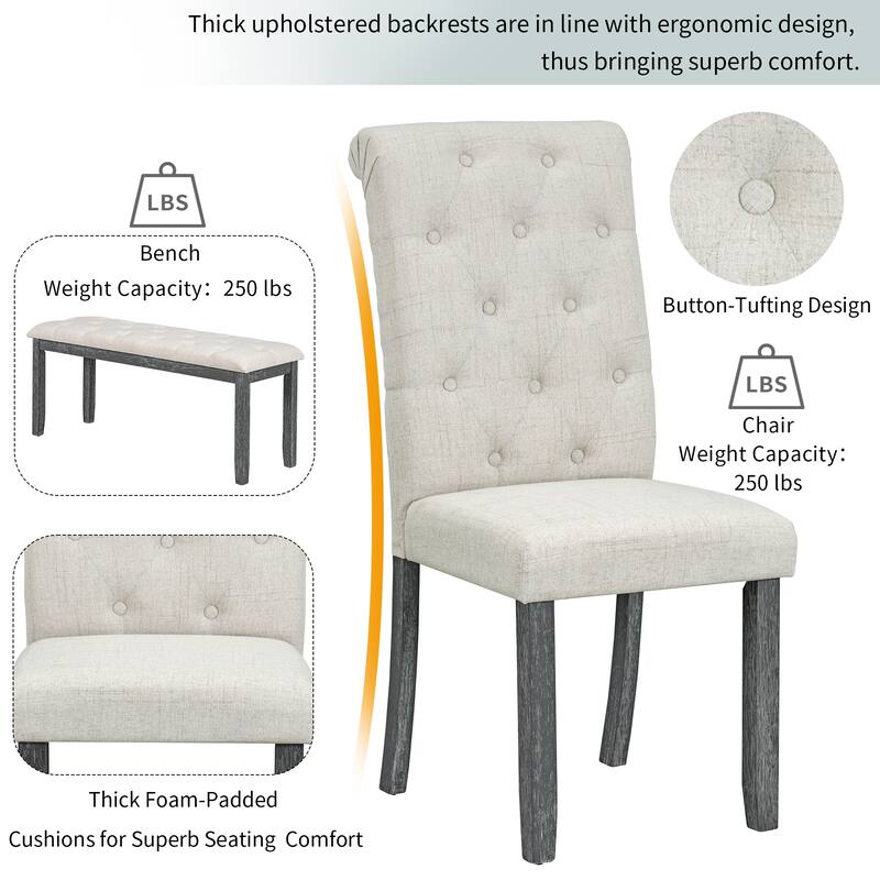 6 Pcs Wood Dining Table Set, Rectangular Kitchen Table Set with Unique Legs, 4 Upholstered Chairs and 1 Padded Bench