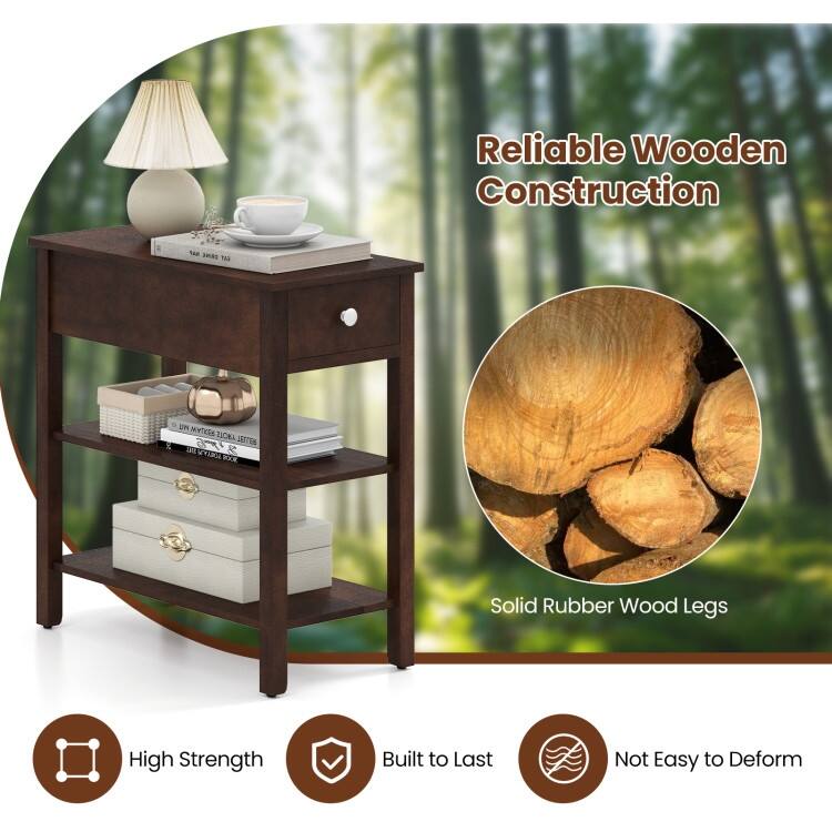 MDF Side End Table with Rubber Wood Legs and Drawer Storage - 23.5" x 12" x 24.5"