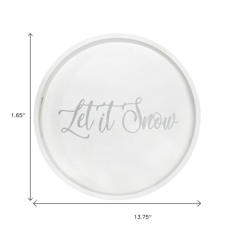 HomeRoots 14" White And Silver Let It Snow Round Serving Tray With Handles - 13.75 in. x 1.65 in. x 13.75 in.