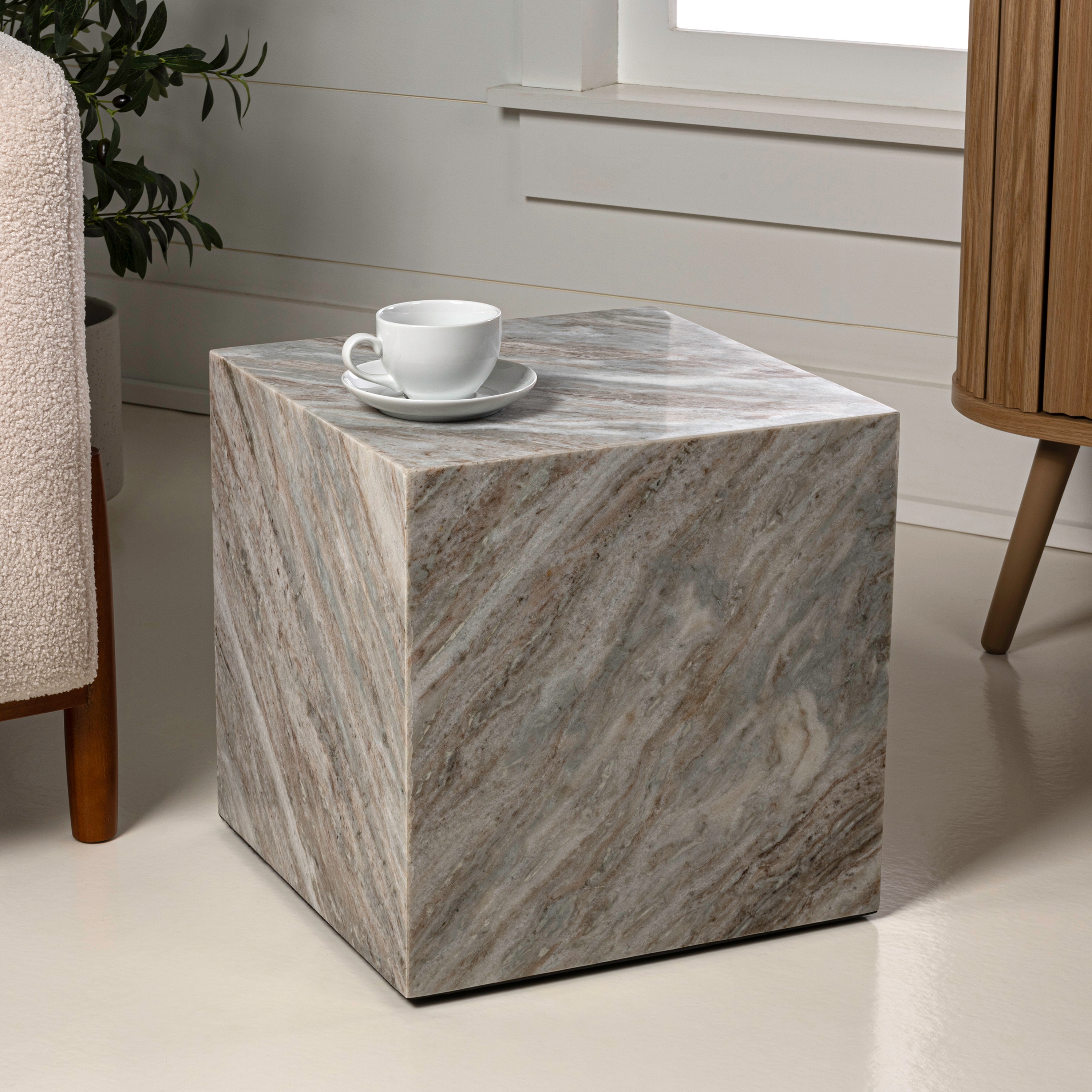 Evelyn 15 Contemporary Natural Marble Handmade Cube End Table Gray Beige by JONATHAN Y. Bed Bath Beyond 40530803