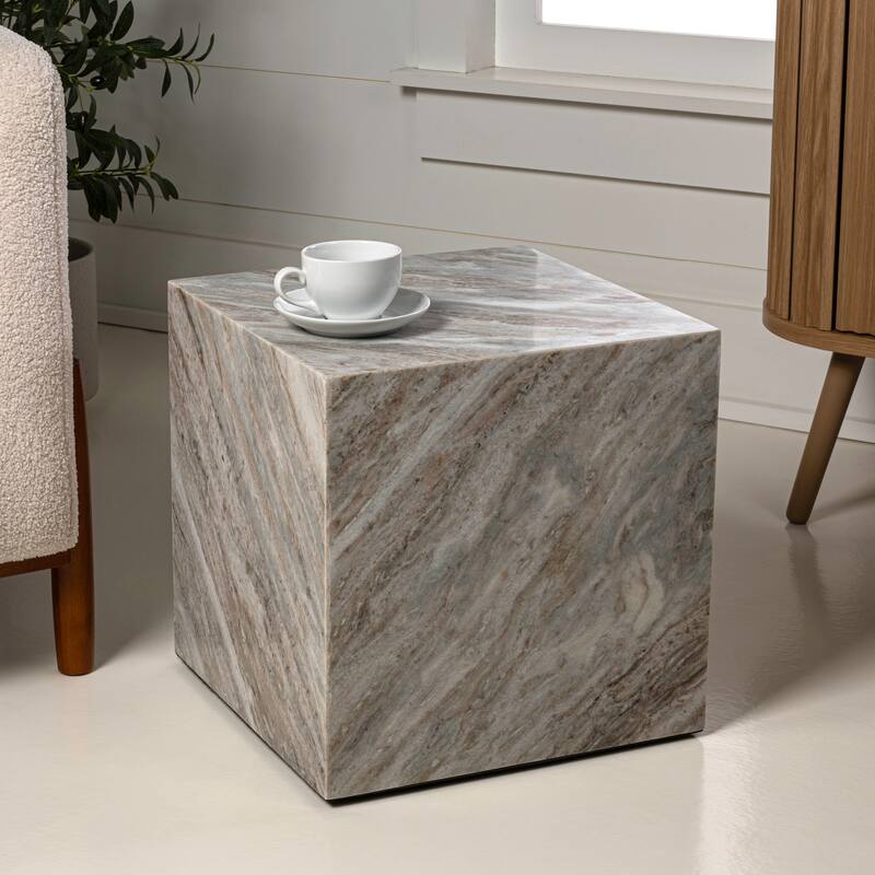 Evelyn 15" Contemporary Natural Marble Handmade Cube End Table, Gray/Beige, by JONATHAN Y.