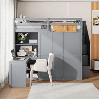 Full Grey Wooden Loft Bed w/ Desk, Shelves, Wardrobe w/ Foldable Door Panels