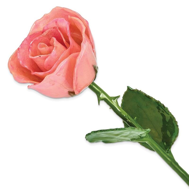 Curata Pink Lacquer Dipped Natural Rose with Green Leaves and Stem - 16"