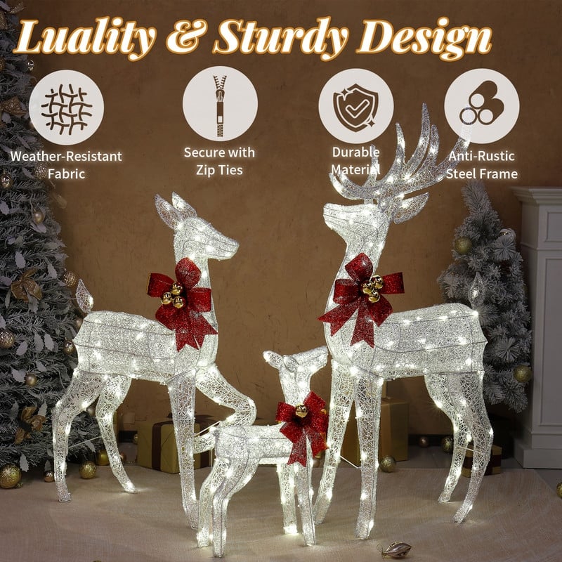3-Piece Lighted Christmas Reindeer Family Set Outdoor Decorations Weather Proof Sparkling Deer Family