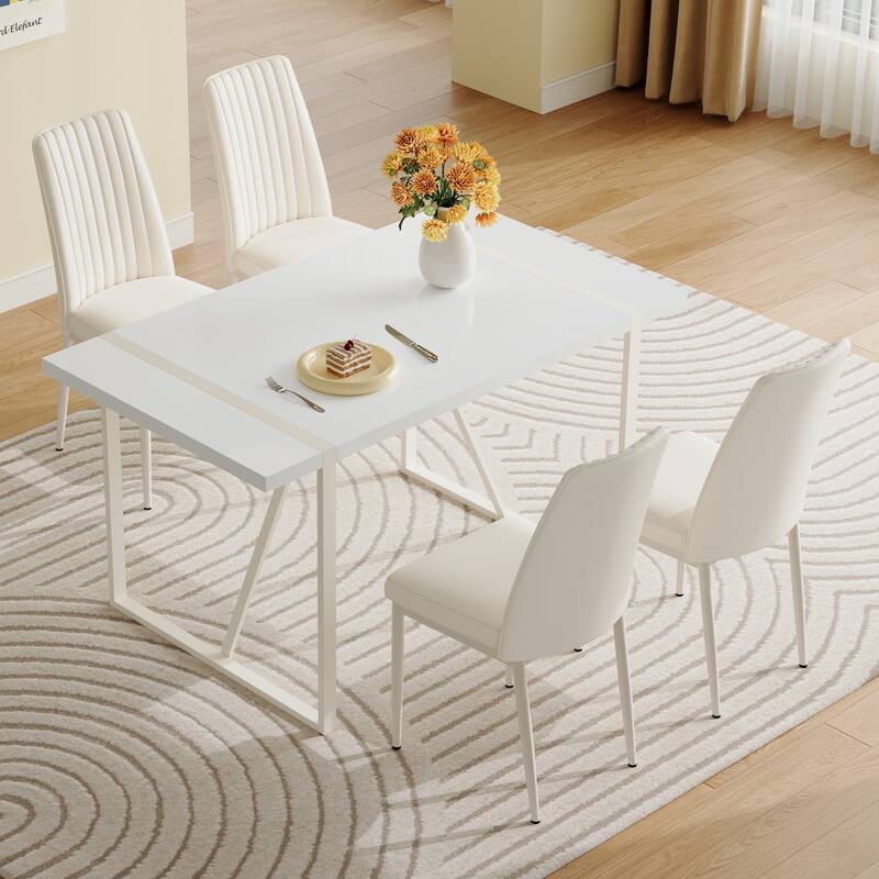 Modern Dining Set with Rectangular Table & Armless Vertical Stripe Chairs - 5-Piece Sets - White