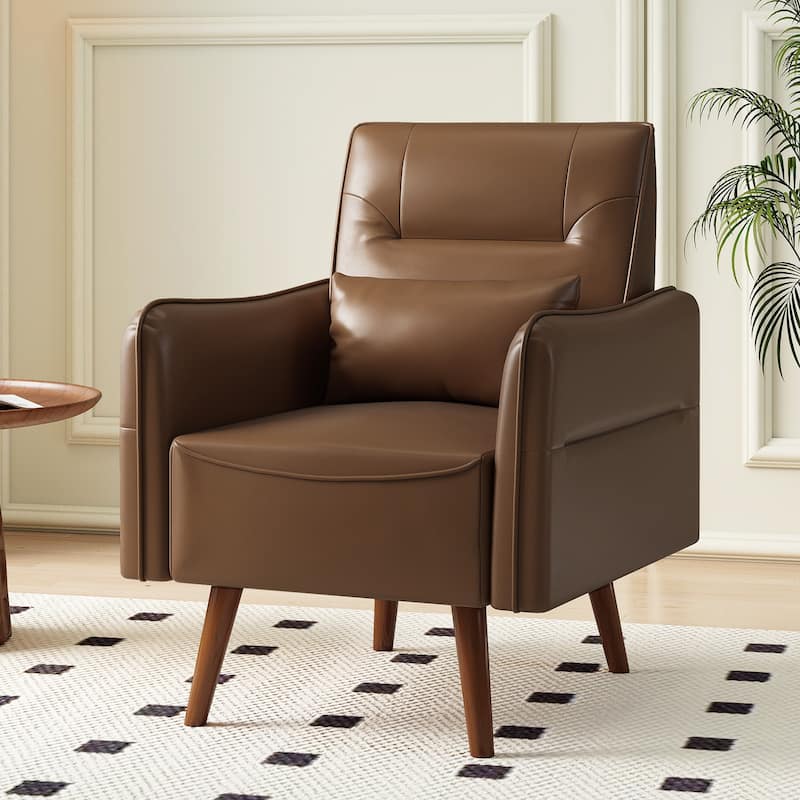 Button Tufted Faux Leather Accent Chair Armchair with Solid Sagwan Wooden Frame - Brown2