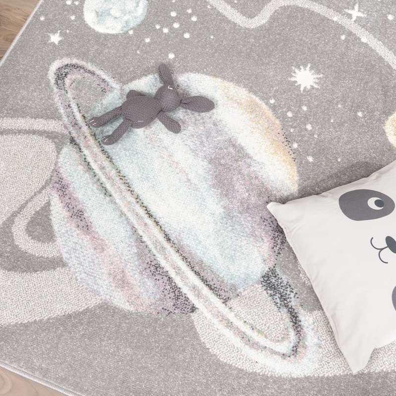 Kids Rug Space with Planets and Stars in Pastel Colors