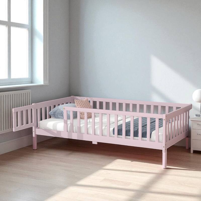 Twin Size Floor Bed with Fence and Door, Rubber Wood Frame with Safety Guardrails