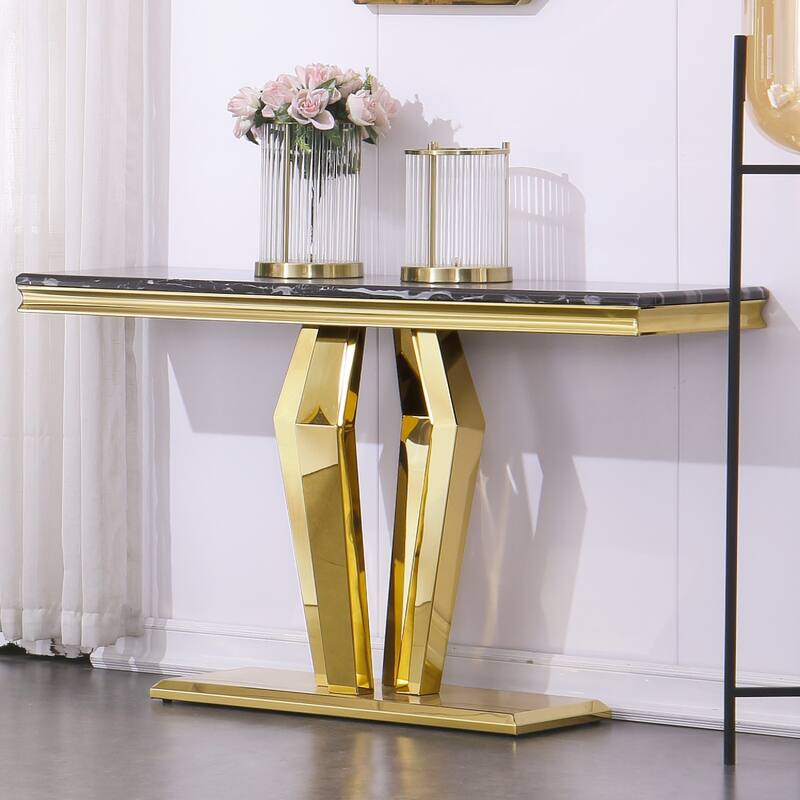 Luxury Rectangular Sofa Console Table Modern Living Room Entryway Table with Mirrored Gold Geometric Base - Gold