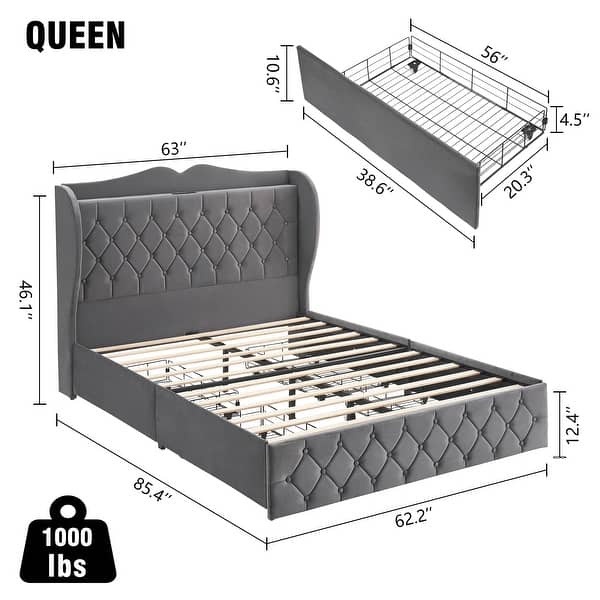 dimension image slide 0 of 3, Full Size Grey Velvet Bed Frame with 4 Convenient Storage Drawers, Wingback Headboard with Charging Station