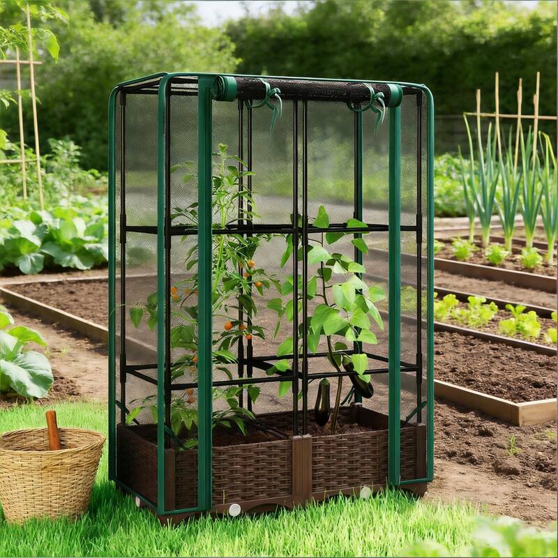 Self-Watering Adjustable Raised Garden Bed with Trellis and Crop Cage - Black+Brown,Green