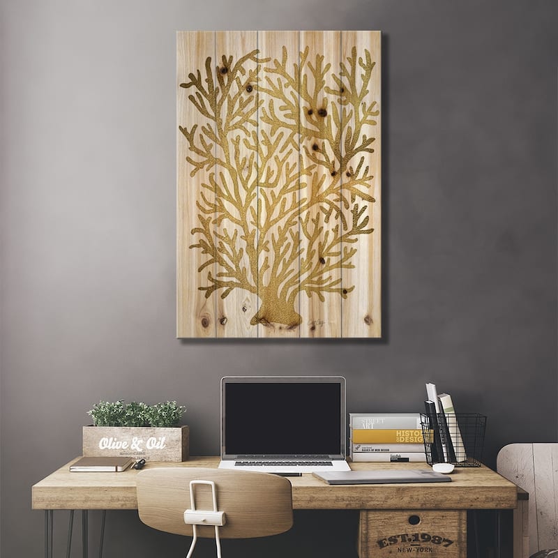 Gold Coral Print On Wood by Cat Coquillette - Multi-Color