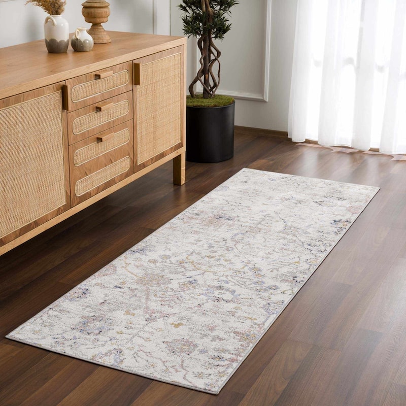 Hauteloom Azula Hallway, Kitchen Machine Washable Runner Rug - Ivory, Dark Red, Slate Blue - 2'7" x 7'3" - 2'7" x 7'3" - Ivory, Dark Red, Slate Blue / Azula