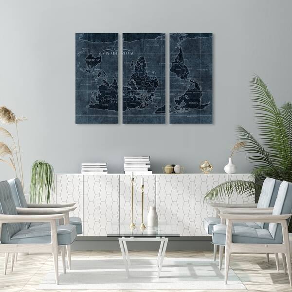 slide 5 of 4, Oliver Gal 'Upside-down Map of the World Noir Triptych' Maps and Flags Wall Art Canvas Print - Blue, White 16 x 36 x 3