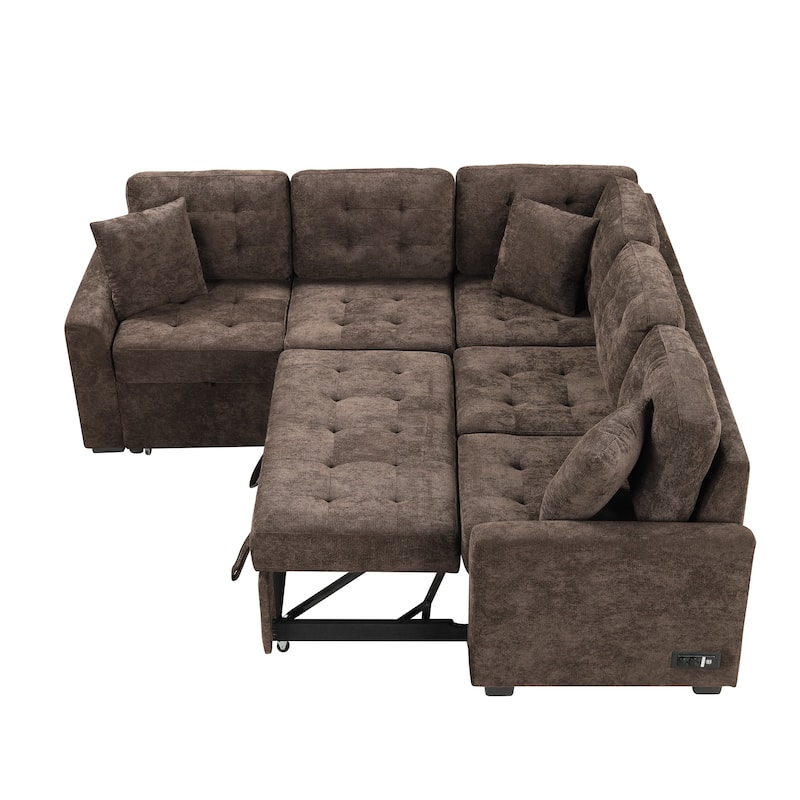 82.6-inch L-shaped Pull-out Sleeper Sofa with Wheels, USB Ports, Power Sockets - 82.6"W x 82.6"D x 33"H