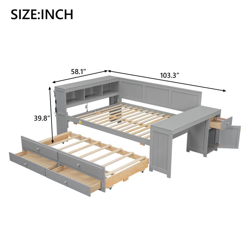 Bookcase Storage Bed, Full Size Daybed with Storage Shelves, Drawers, Trundle, Charging Station, Light, Desk and Cabinet