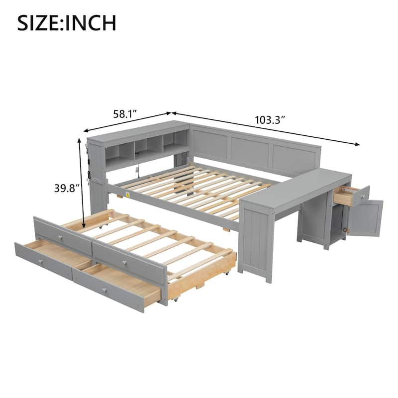 Full Size Daybed with Storage Shelves, Drawers, Trundle, Desk, Cabinet, LED Light and Charging Station, Pine Wood Frame