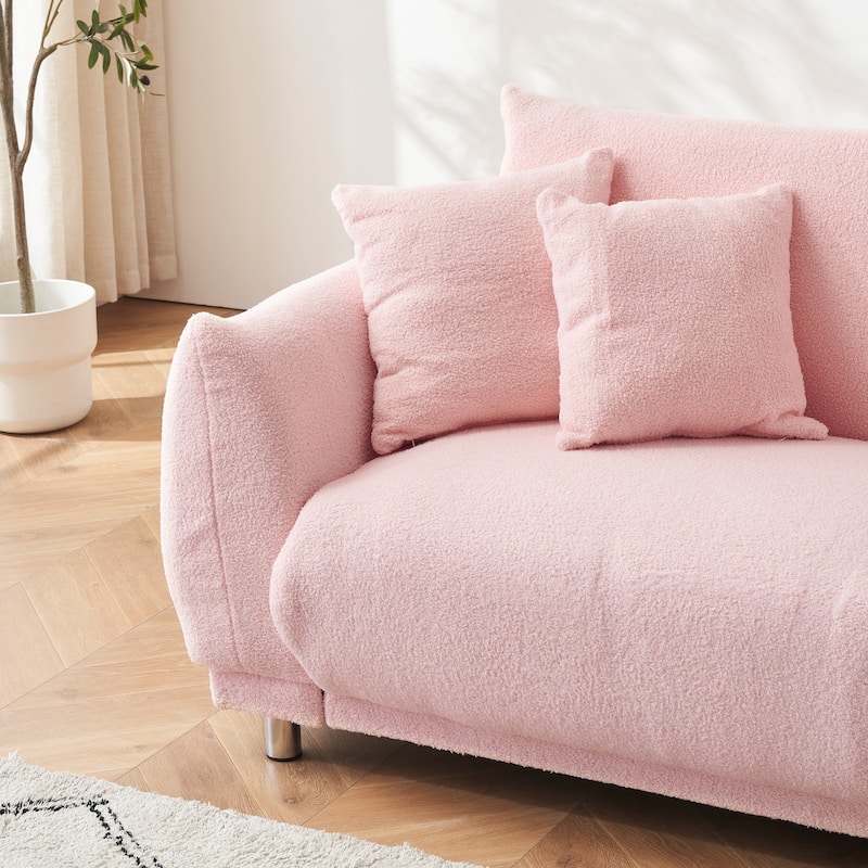 Fabric Sofa Tufted Couch, Upholstered Deep Seat Sofa with 4 Throw Pillows, Modern Lounge Couch with Round Metal Legs