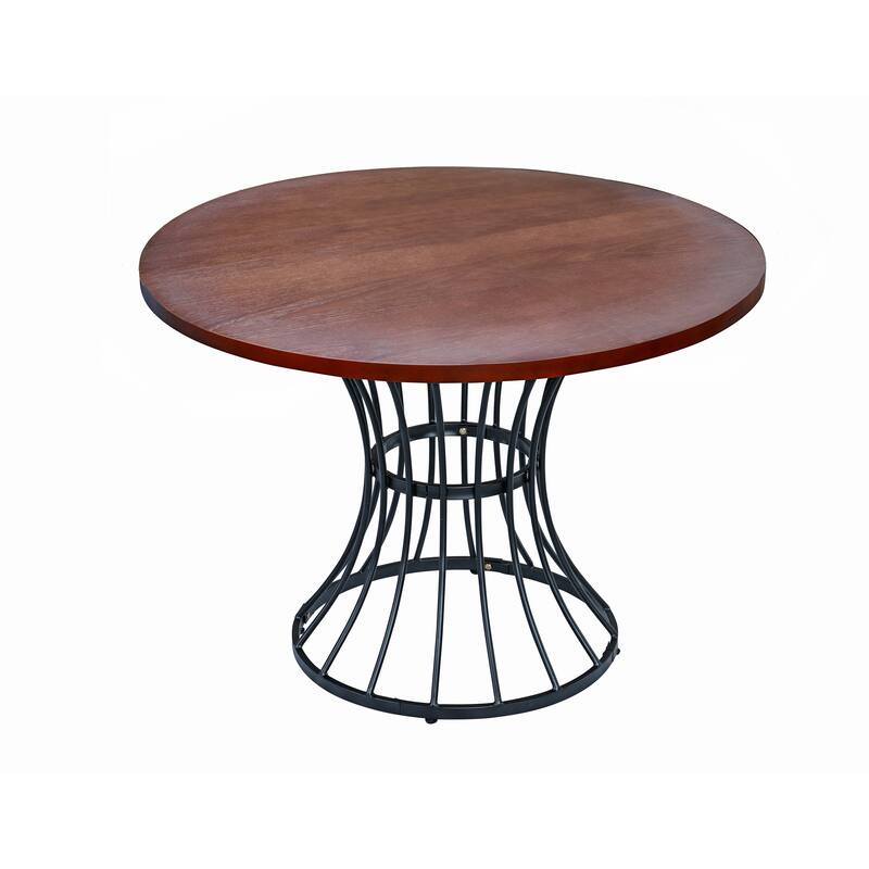 Oak Veneer 42" Round Dining Table - Solid Wood-Look Top, Heavy-Duty Wrought-Iron Pedestal Base - Black,Brown Oak